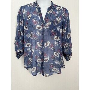 Kut From The Kloth Women's Sheer Shirt Size XL Floral Button Up Top Blouse Blue